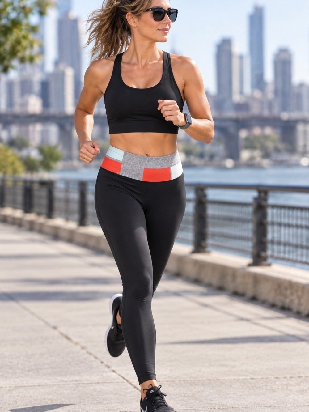 lululemon athletica Black High-Waist Leggings with Gray & Red Waistband